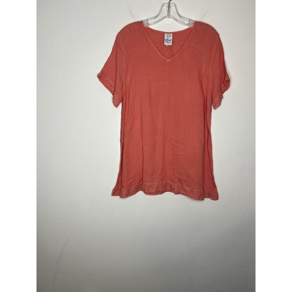 Match Point Womens Linen Tunic Shirt Large Orange V Neck Beachy Boho Minimalist